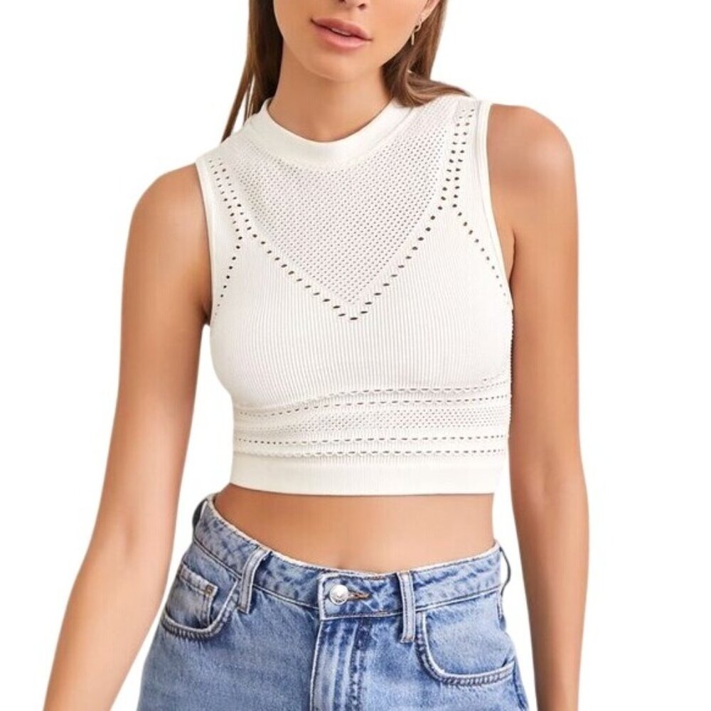 Forever 21 Pointelle Knit Crop Top Textured Cream Beige White Sleeveless Size M - Picture 2 of 3